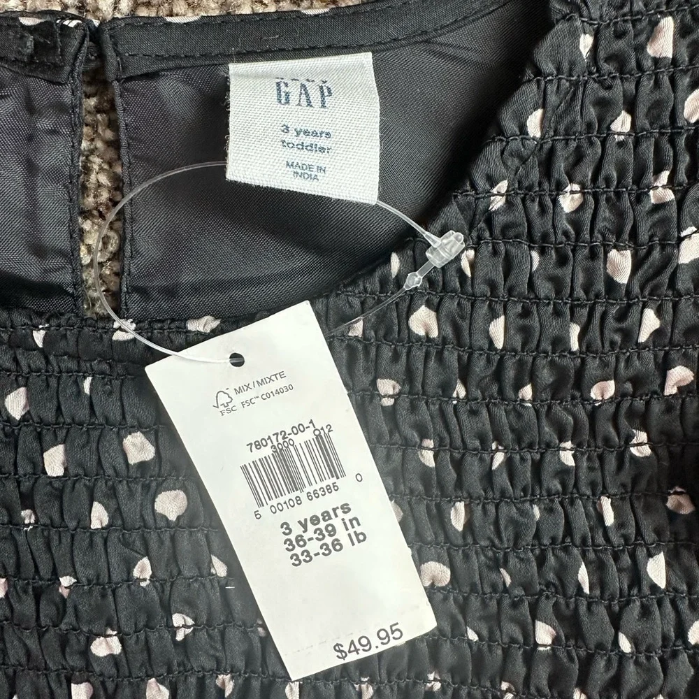 NWT GAP Satin Smocked Polka Dot Fit & Flare Ruffle Shoulder Dress 3T